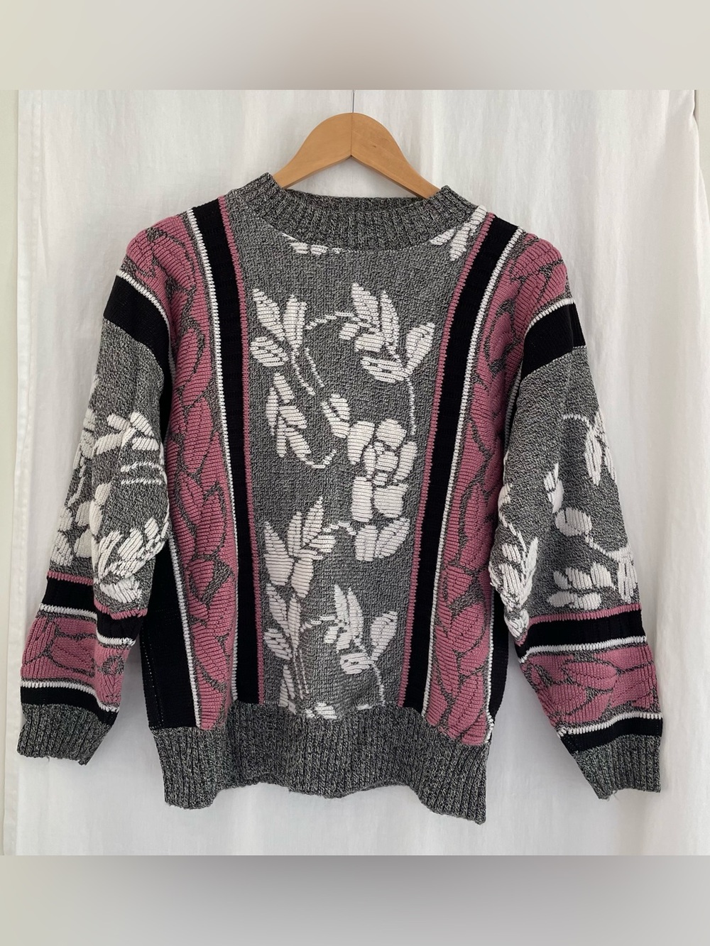 Floral Knit Crewneck Sweater in Pink, Gray, Black, White